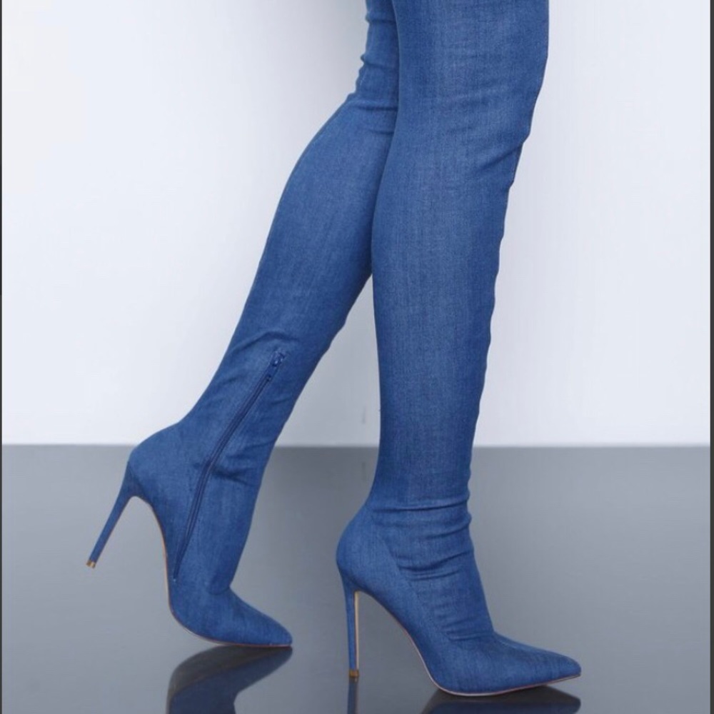 Blue jean thigh high heel boots